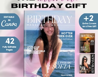42-Page Editable Birthday Magazine Template for Canva - Vogue DIY Birthday Magazine - Customizable Birthday Gift - Personalized Magazine