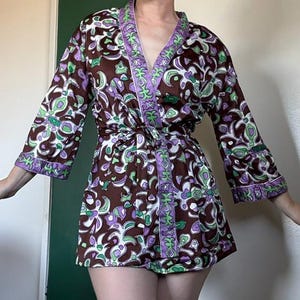 Vintage Early 1970s Paisley / Pucci Pattern Brown Purple & Green Bathing Suit Robe / Cover Up by Perfection Fit by Roxanne - Med / Lrg
