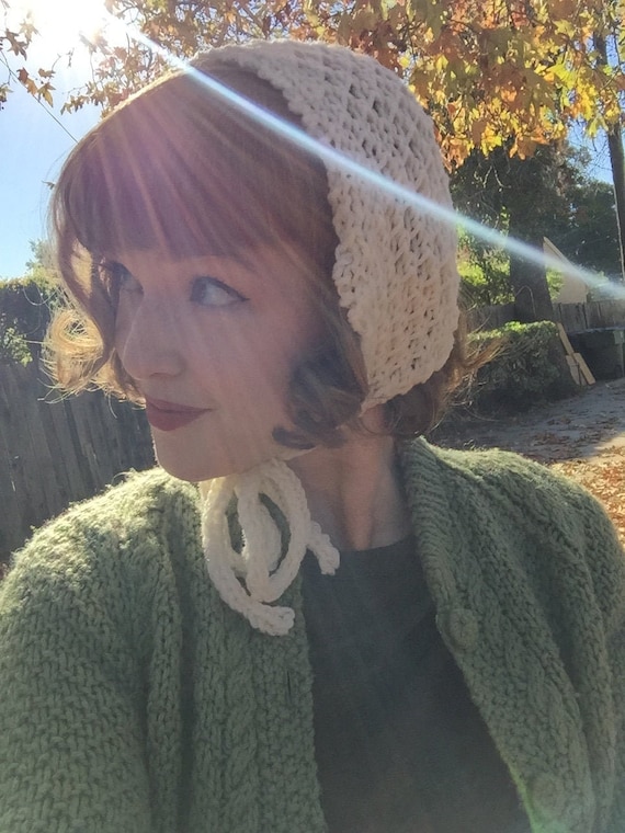 Vintage Hand-Knit Winter Bonnet Cap Green & White Cottage Hippy 1970s Papat Fisherman Wool Hat - Green Tweed – BROOK FARM GENERAL  main image 3