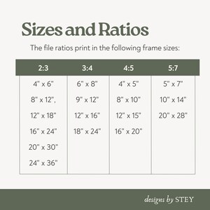 May include: A chart titled "Sizes and Ratios" displays print sizes for various file ratios. Sizes include 4" x 6", 8" x 12", 12" x 18", 16" x 24", 20" x 30", and 24" x 36" for the 2:3 ratio.