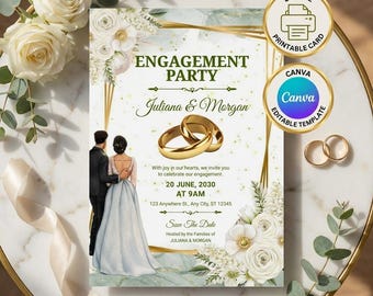 Grün Gold Floral Verlobungsfeier Einladung, bearbeitbare Canva Vorlage (digitaler Download)