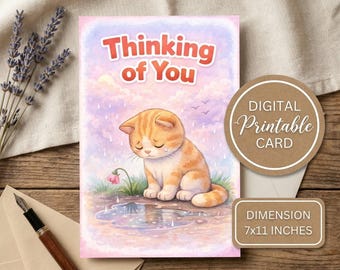 あなたを想う猫のカード、印刷可能な弔慰カード、かわいい悲しい子猫のグリーティングカード、デジタルダウンロード、ペット好きのカード、雨の日の慰めカード