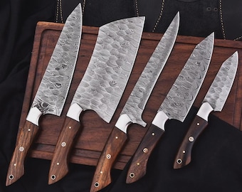 Set di 5 coltelli da cucina in acciaio di Damasco fatti a mano, coltelli da chef con manico in palissandro, coltelli da cucina forgiati