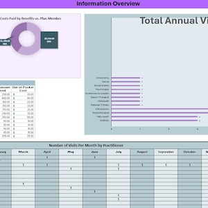 May include: An information overview graphic with tables and charts. The graphic includes a pie chart, bar graph, and tables detailing health and medical coverage, monthly health spending, and total annual visits by practitioner.