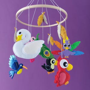 Birds nursery baby mobile, baby shower gift, crib baby decor, felt mobile, parrot, swan, toucan, hummingbird, flamingo felt baby mobile