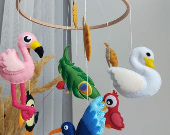 Móvil para bebé, móvil de pájaros para bebé, decoración de guardería de fieltro, móvil de cuna, regalo de baby shower, móvil de pájaros de fieltro para bebé, móvil para guardería
