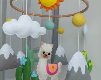Felt Llama Mobile: Boho Nursery Decor with Cactus & Mountains