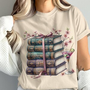 Vintage boekenstapel digitale kunst, martiniglas en kersenbloesem illustratie, elegante muurkunst afdrukbaar, digitaal png-bestand