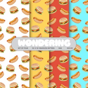 May include: Set of four 12" x 12" seamless patterns featuring a repeating design of hot dogs and hamburgers on different colored backgrounds: white, yellow, red, and blue.