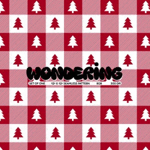 Peut inclure: Un motif sans couture représentant des sapins de Noël blancs sur un fond de plaid buffalo rouge et blanc. Le texte "WONDERING" est écrit en noir en bas de l'image. Le texte "SET OF ONE 12" X 12" SEAMLESS PATTERN RGB 300 DPI" est également écrit en bas de l'image.