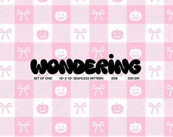 Pink Gingham Halloween Seamless Pattern: Bows & Pumpkins (Digital Download)