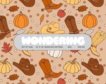 Cowboy Autumn Seamless Pattern: Western Hat, Boots, Pumpkins (Digital Download)
