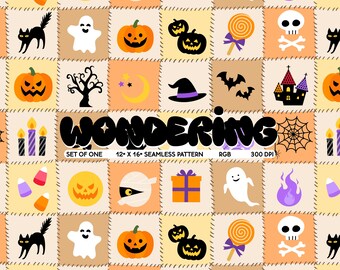Halloween Patchwork Pattern: Spooky Ghosts, Pumpkins, Black Cat (JPEG Digital Download for Commercial Use)