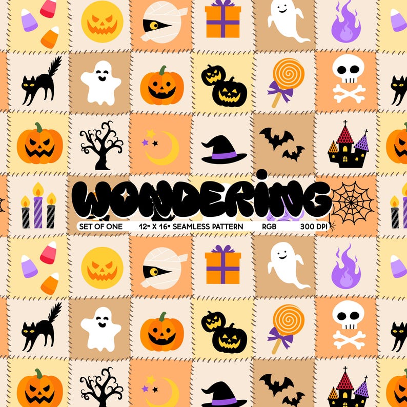 May include: A repeating Halloween-themed pattern with pumpkins, ghosts, bats, and candy corn. The design includes the text "WONDERING" and "12 x 16" SEAMLESS PATTERN". The color palette includes orange, black, purple, and white.