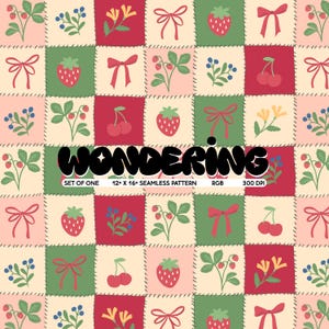 Könnte beinhalten: Ein nahtloses Muster mit einem Patchwork-Design mit verschiedenen Früchten, Blumen und Schleifen. Das Muster enthält Erdbeeren, Kirschen, Blumen und Schleifen in Rot-, Rosa-, Grün- und Gelbtönen. Der Text "WONDERING" wird in fetten schwarzen Buchstaben am unteren Rand des Bildes angezeigt.