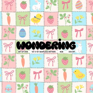 Pode incluir: Um padrão sem costura colorido com ilustrações temáticas da Páscoa. O design inclui morangos, cenouras, laços, pintinhos, coelhos e ovos decorados. A palavra "WONDERING" é exibida em letras pretas grandes. O padrão tem 30,48 x 40,64 cm.