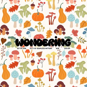 Herbst Pilze | Nahtloser Mode-Textildruck | JPEG für kommerzielle Nutzung | Eiche Ahorn Eicheln | Groovy | Natur 70er Jahre Herbst Blätter Kürbisse