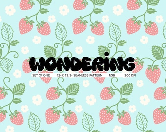 Wzór Strawberry Fields Blue Seamless: nadruk Coquette Cottagecore (pobranie cyfrowe)