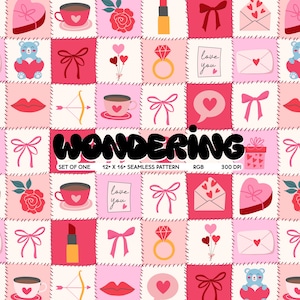 Pode incluir: Um padrão sem costura com uma variedade de ilustrações temáticas do Dia dos Namorados em rosa e vermelho, incluindo corações, laços, rosas e uma xícara de café. O texto "WONDERING" está escrito em preto no topo do padrão.