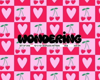 Cherry Hearts Checkerboard Print: Retro Valentine's Day Textile (JPEG Digital Download)