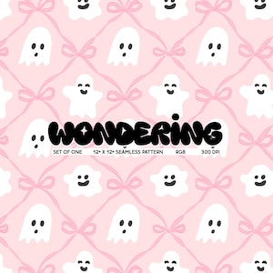 May include: A seamless pattern featuring white ghosts with different facial expressions on a pink background with pink bows. The text "WONDERING" is written in black at the bottom of the pattern.