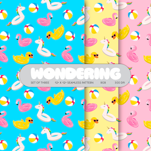 Floaties | Seamless Fashion Textile Print JPEG for Commercial Use Digital Download | Summer Pool Flamingos Rubber Duckies Unicorn Beach Ball