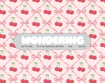 Cherry Ribbon Trellis Print: Vintage Coquette Fabric Design (JPEG Digital Download)