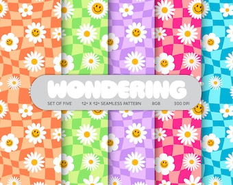 Flower Checkerboard Seamless Pattern: 70s Wavy Print (Digital Download)