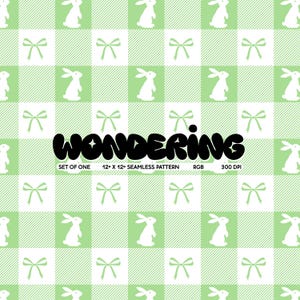 Gingham Bunny Seamless Pattern: Green Bows, Easter Spring (Digital Download)