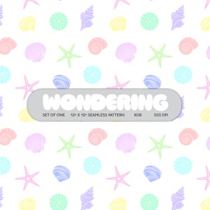 May include: Seamless pattern featuring pastel colored seashells, starfish, and sand dollars. The pattern is repeated on a white background. The text "WONDERING" is written in a playful font at the bottom of the image.