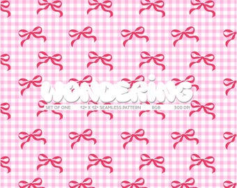 Pink Gingham Red Bows Seamless Pattern: Cottagecore Plaid (JPEG Digital Print for Commercial Use)