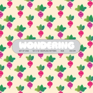 May include: A seamless pattern featuring a repeating design of pink and green cartoon radishes on a light yellow background. The text "WONDERING" is displayed in a large, white, bubble-like font.