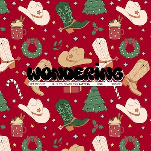 May include: A red background with a repeating pattern of cowboy boots, cowboy hats, Christmas trees, candy canes, wreaths, and mugs of hot chocolate. The text "WONDERING" is in black bold letters.
