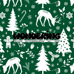 May include: A seamless pattern featuring white silhouettes of deer, Christmas trees, gingerbread men, candy canes, snowflakes, and other wintery elements on a dark green background. The text "WONDERING" is in black and bold letters.