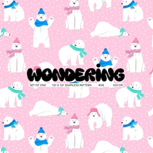 May include: A seamless pattern featuring white polar bears wearing colorful hats and scarves on a pink background with white polka dots. The text "WONDERING" is written in black at the bottom of the pattern.