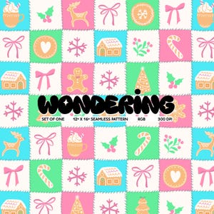 Peut inclure: Un motif sans couture composé de carrés patchwork avec divers icônes de Noël et d'hiver, notamment des maisons en pain d'épices, des cannes en sucre, des flocons de neige, des rennes et des nœuds. L'arrière-plan est un mélange de rose, de vert et de bleu.