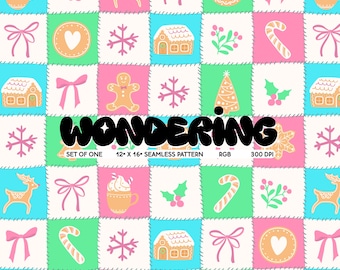 May include: A seamless pattern featuring a patchwork of squares with various Christmas and winter holiday icons, including gingerbread houses, candy canes, snowflakes, reindeer, and bows. The background is a mix of pink, green, and blue.