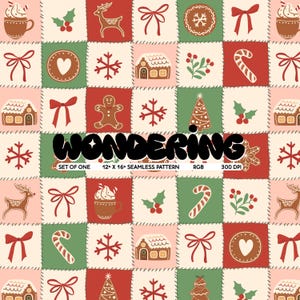 Può includere: Uno schema senza cuciture che presenta un mosaico di quadrati con varie illustrazioni a tema natalizio, tra cui case di pan di zenzero, bastoncini di zucchero, fiocchi di neve, renne e agrifoglio. Lo sfondo è di colore crema con quadrati rossi, verdi e rosa.