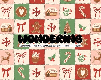 Christmas Patchwork Seamless Pattern: Gingerbread, Candy Cane (Digital Download)