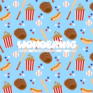 May include: A seamless pattern featuring a variety of baseball-themed items, including baseball bats, baseballs, baseball gloves, hot dogs, popcorn, peanuts, and red, white and blue stars on a light blue background. The text "WONDERING" is written in white letters with a black outline.