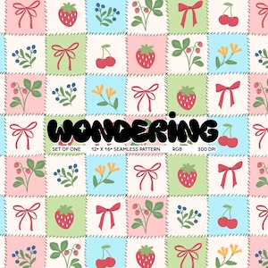 May include: A seamless pattern featuring a patchwork of squares with various designs, including strawberries, cherries, bows, flowers, and leaves. The squares are in shades of pink, blue, green, and white. The text "WONDERING" is written in black across the middle of the pattern.