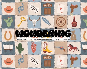 Cowboy Patchwork Seamless Pattern: Southwest Wild West Print (Digital Download, 12x12 JPG)