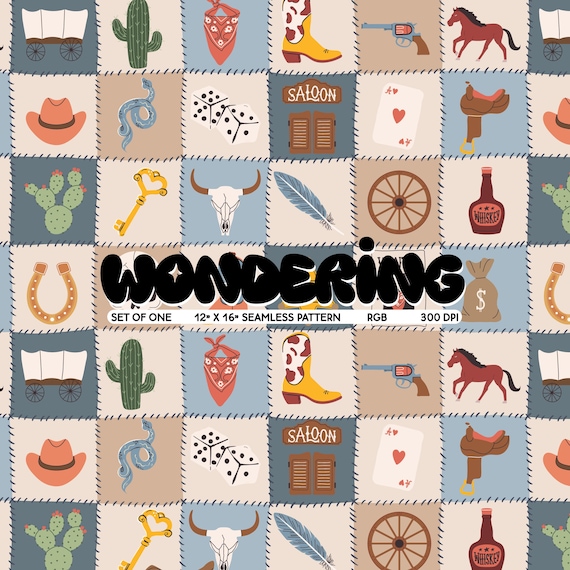 Cowboy Patchwork Seamless Pattern: Southwest Wild West Print (Digital Download, 12x12 JPG)