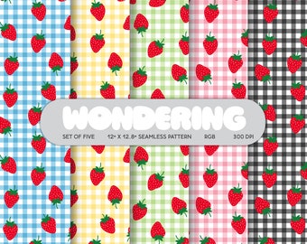 May include: Set of five 12" x 12.8" seamless patterns featuring red strawberries on a variety of gingham backgrounds: blue, yellow, green, pink, and black and white.