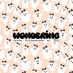 May include: Seamless pattern featuring white ghost illustrations with black bowties on a peach background. The word "WONDERING" is displayed in a black, stylized font. The text also includes "SET OF ONE", "12 x 12 - SEAMLESS PATTERN", "RGB", and "300 DPI".