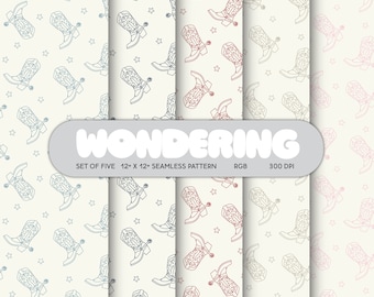 May include: Set of five 12x12 inch seamless patterns featuring a cowboy boot design with stars. The patterns are in blue, red, brown, and gray.