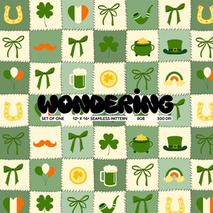 May include: A green, white, and gold seamless pattern with various Irish-themed symbols, including shamrocks, horseshoes, rainbows, and a leprechaun hat. The pattern is labeled "WONDERING" and is 12 x 16 inches.