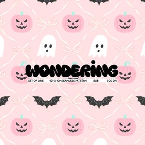 Halloween Trellis Pink | Seamless Fashion Textile Print | JPEG for Commercial Use | Bats Ghosts Jack o Lanterns | Coquette Ribbon Girly Bows