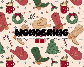 Cowboy Christmas Seamless Pattern: Boots, Trees, Mistletoe (JPEG Digital Download)