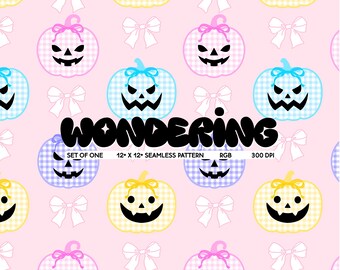 Gingham Jack O' Lantern Seamless Pattern: Pink Halloween Textile (JPEG)